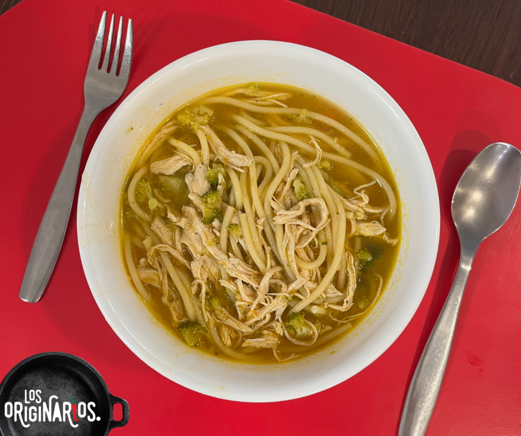 Sopa de pollo con fideos